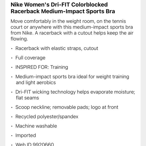 NEW Nike Sports Bra Swoosh Logo Colorblocked Medium Impact Racerback Size Small - Picture 4 of 4